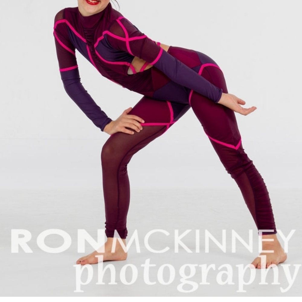 Kids Dance Costume Unitard in Burgundy and Hot Pink
